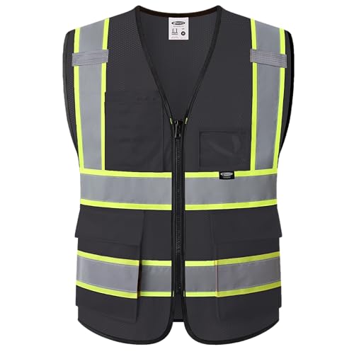 JKSafety Safety Vest for men women Hi Vis Vest with Pockets and Zipper High Visibility Reflective Vests BX320 - color: Black, size: Large
