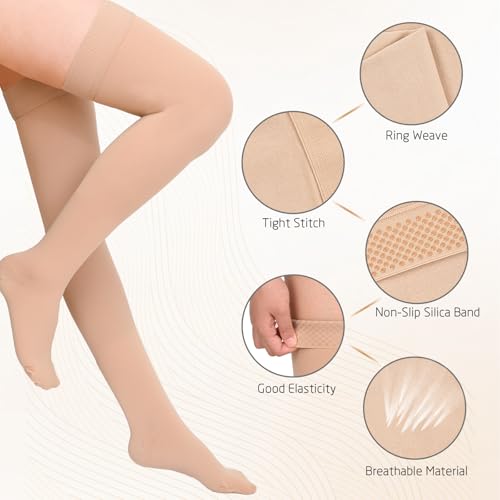 Athbavib 15-20 mmHg Thigh High Compression Socks for Women & Men - color: A-Beige(Closed Toe), size: X-Large