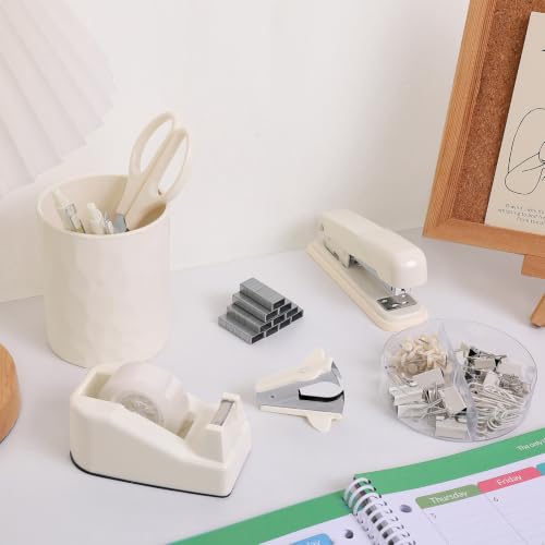 SKYDUE Office Supplies Set, Stapler and Tape Dispenser Set,10PCS - color: Beige