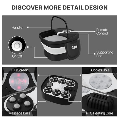 Collapsible Foot Spa Electric Rotary Massage with Heat, Bubble, Remote - color: Black