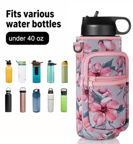 40oz Insulated Water Bottle Sling with Phone Pocket, Crossbody Carrier - color: Flower Pink, size: 40oz