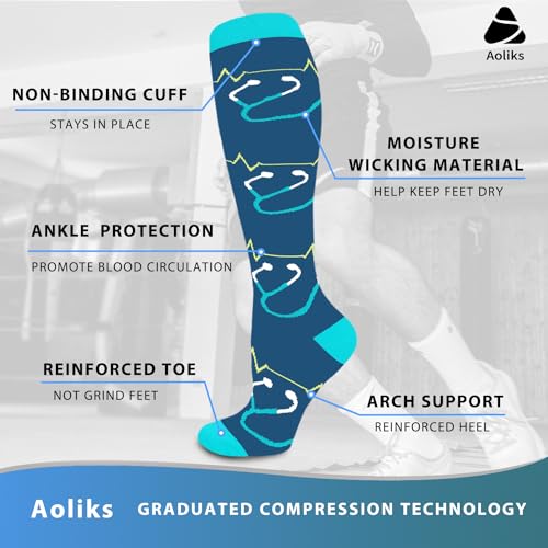 Aoliks 6 Pairs Compression Socks for Women & Nurses, Flying Knee High Socks - color: 02 Blue/Black, size: Small-Medium