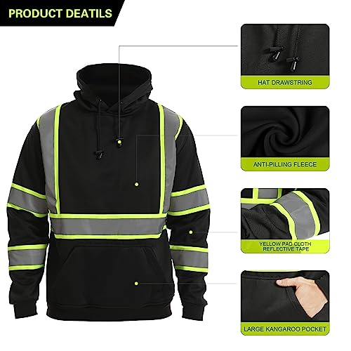 High Visibility Pullover for Men/Women, Class 3 Hi Vis Reflective Hoodie with Large Front Pocket, BLACK, Small - color: Black01, size: Small