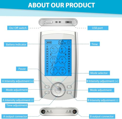 Belifu Dual Channel TENS EMS Unit 24 Modes Muscle Stimulator for Pain Relief Therapy, Electronic Pulse Massager Muscle Massager with 10 Pads, Dust-Proof Drawstring Storage Bag, Fastening Cable Ties - color: Silver