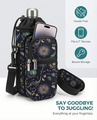 AUPET Water Bottle Sling Bag Sleeve Holder Carrier 25/32/40/64 oz,Insulated Crossbody Water Bottle Case Cover with Strap and Pockets for Men/Women Walking Hiking - color: Mystical Cosmic, size: 25oz