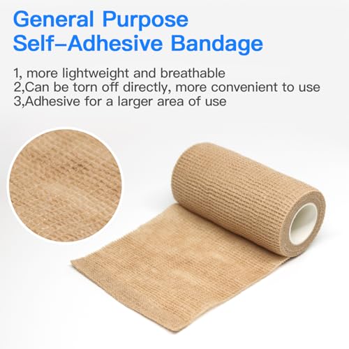 OZER 12 Pack 4 Inch x 5 Yards Self Adhesive Bandage Breathable（Skin Tone） - color: Tan, size: 4 Inch