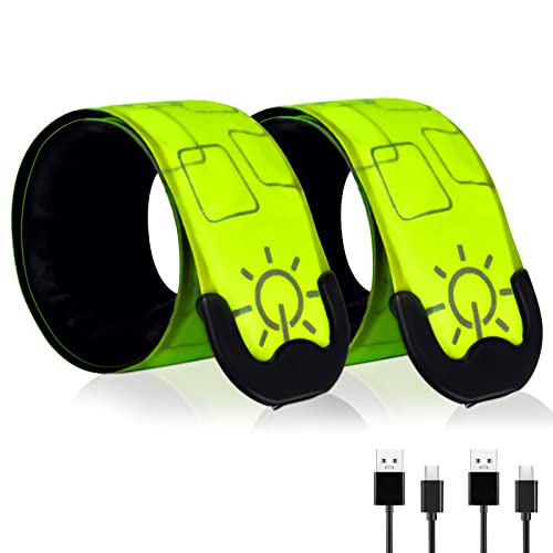 LED Safety Wristband Lights - Rechargeable Light Up Arm Ankle Band Kids Magic Slap Glow Bracelets Reflective Belt High Visibility for Night Cycling Walking Joggers Running Gear - color: Green