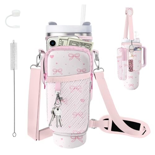 Water Bottle Carrier Bag for Stanley Cup 40oz/30oz with Phone Pocket, Neoprene Water Bottle Holder with Adjustable Shoulder & Handle Strap, Stanley Cup Accessories for Walking Travel Gym - color: Pink Bow