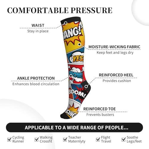 Crazy Fun Compression Socks, Unisex Knee High Support Socks - color: Retro Comic
