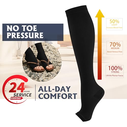 Compression Socks for Women&Men 20-30mmHg Graduated Knee High Stocking - color: 01-5 Pairs Open Toe Black, size: Large-X-Large
