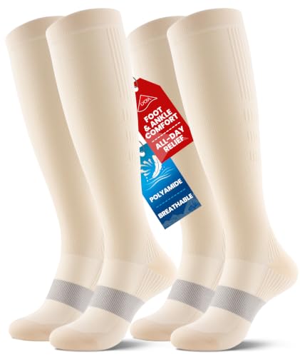PULIOU Compression Socks for Women Men 15-20 mmHg Easy On Off,2 Pairs - color: Beige, size: Small-Medium
