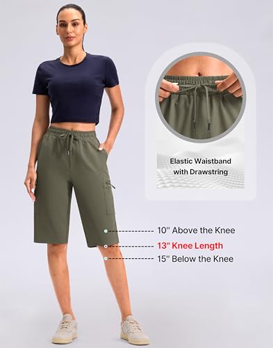 Viodia 13'' Women's Hiking Cargo Shorts Knee Length with Zipper Pockets - color: Grey Green, size: Medium