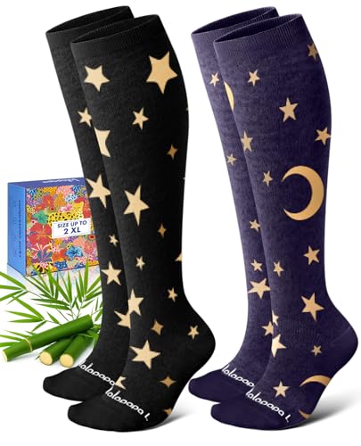Bamboo Viscose Compression Socks for Women Men - color: Moon and Stars, size: XX-Large