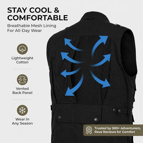 Humvee Utility Vest with 21 Pockets -Travel, Safari, Hunting, Camping, 100% Cotton, Tactical Jacket for Men & Women - color: Black, size: Medium