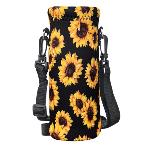 RICHEN Neoprene Water Bottle Carrier Bag with Adjustable Shoulder Strap,Insulated Water Bottle Cover for Stainless Steel/Glass/Plastic Bottles - color: Sunflowers, size: 500ml