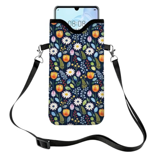 GLOBLELAND Floral Cell Phone Sleeve Pouch Case Bag 7.1×3.9 inch Flowers Shockproof Universal Phone Bag with Crossbody Strap Neck Lanyard for Women Men Phone Headphones Watch - color: Floral