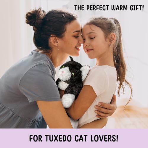 Tuxedo Cat Microwavable Stuffed Animal – 1.5 lb Unscented Heating Pad Plush, Soft Cozy Black & White Cat Toy for Relaxation and Comfort, Gift for Women, Girls, Adults & Kids by Happy Fuel - color: Tuxedo Cat (Lying Down)