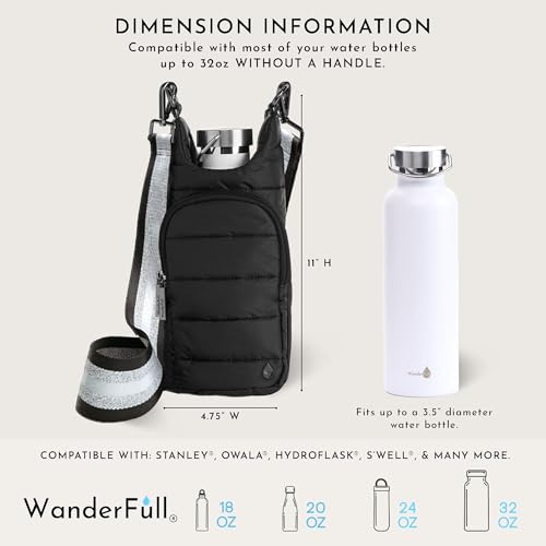 WanderFull Original HydroBag Crossbody Water Bottle Holder with Phone Pocket, Fits Water Bottles up to 32 oz - color: Black Matte - Striped Strap