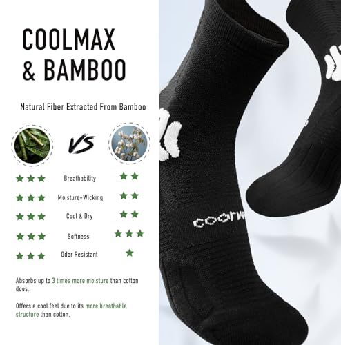 BRISIRA Coolmax Bamboo Viscose Compression Running Socks Crew Mid Calf - color: 3 Pairs Black 3 Pairs White, size: 9-13