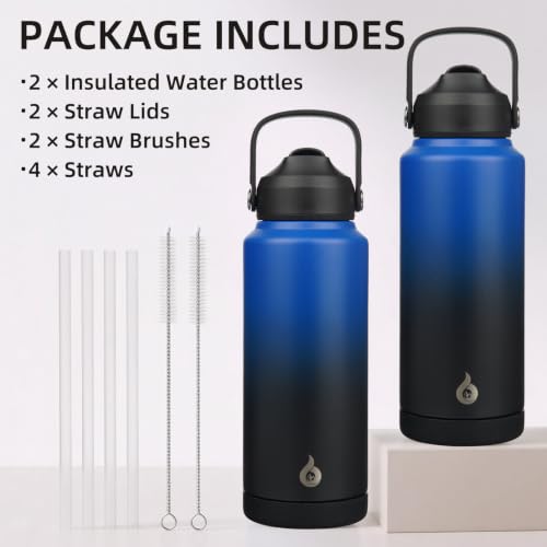 BJPKPK 2 Pack 32oz Insulated Water Bottles with Straw Lids, Stainless Steel - color: 2 X Black Blue, size: 32 Ounces