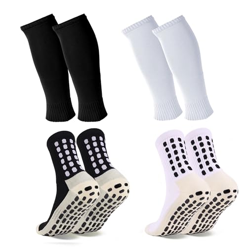 Barrlves 2 Set Grip Soccer Socks and Shin Guard Sleeves Non Slip Soccer Sleeve Socks for Men Women - color: Black&White-1