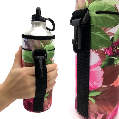 Wanty Neoprene 20 Oz Insulated Water Drink Bottle Cooler Carrier Cover Sleeve Tote Bag Pouch Holder Strap for Climbing Cycling and Running Outdoor Activities (Peony) - color: Peony