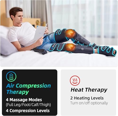 Leg Massager with Air Compression & Heat, Calf & Foot Massager for Circulation and Pain, Compression Boots with Video Wearing Guide, Update Controller with 6 Modes & 3 Heating Levels, Gift for Mom