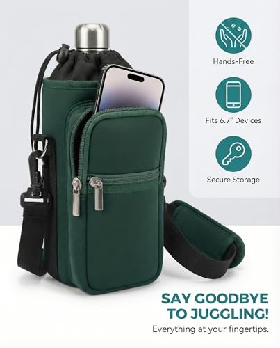 AUPET Water Bottle Sling Bag Sleeve Holder Carrier 25/32/40/64 oz,Insulated Crossbody Water Bottle Case Cover with Strap and Pockets for Men/Women Walking Hiking - color: Dark Emerald Green, size: 64oz