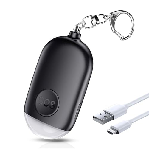 Personal Safety Alarm - Rechargeable - Strobe LED Flashlight - SOS Emergency Loud Alarm - Self-Defense Keychain - for Women, Students, Kids, and Seniors (Black) - color: Black