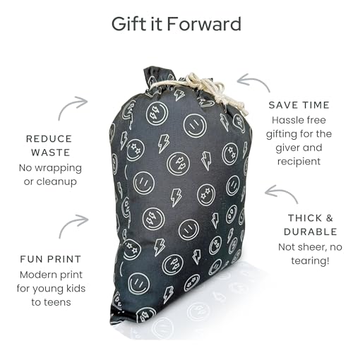 Gather & Knot Drawstring Gift Bags | 20" Large 12" Small | Premium Canvas | Reusable Fabric Wrap for Boy Birthday, Baby Shower | Happy Face - color: Happy Face