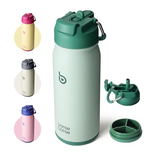 BOTTLE BOTTLE 16 oz sports water bottle stainless steel insulated kids water bottle with straw and pills holder for gifts and school（green） - color: green