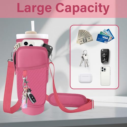 Water Bottle Carrier Bag for Stanley Cup 40/30oz, Neoprene Water Bottle Holder Pouch with 3 Pocket Adjustable Shoulder & Hand Strap - color: Purple