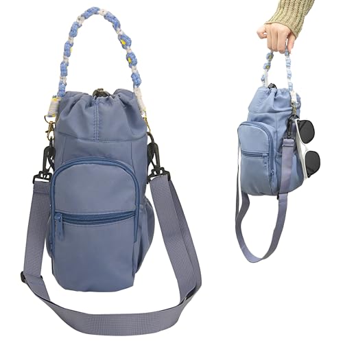 Wongeto Water Bottle Holder with Strap,25oz/40oz/64oz Water Bottle Carrier Sling Bag with Phone Pocket Crossbody Adjustable Shoulder with Hand Strap for Walking - color: Blue