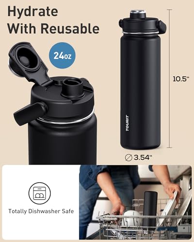 TOURIT 24 oz Insulated Stainless Steel Water Bottle, Black - color: Obsidian, size: 24 Ounces