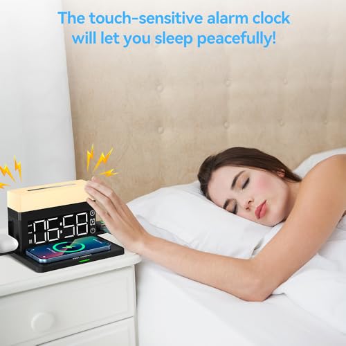 IHAO 6in1 Smart Alarm Clock with Wireless Charger RGB Mood Light 15W Fast Wireless Charging for All Qi Phone TWS Headphone Compliant with i-Watch 7 Color Night Light Large Digital Display-White - color: Multifunctional Alarm Clock White
