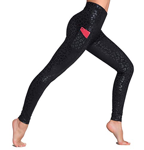 Dragon Fit Women's High Waisted Yoga Leggings 3 Pockets Workout Pants - color: Black Leopard, size: Medium