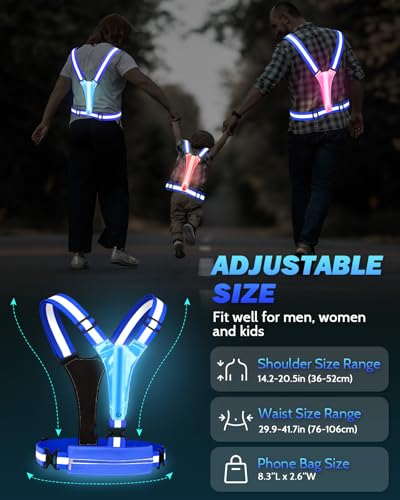 Fitense LED Reflective Running Vest with Phone Holder, Rechargeable 5 Colors Light Up Running Lights for Runners High Visibility Night Safety Gear, Adjustable for Men Women