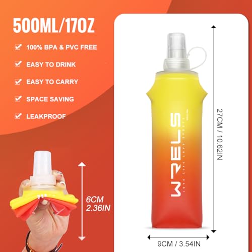 WRELS TPU Soft Flask Lightweight Portable Reusable Water Bottle,BPA Free Collapsible Flask for Hydration Pack in Running Hiking Cycling and Marathon - color: Orange-yellow-500ML*2