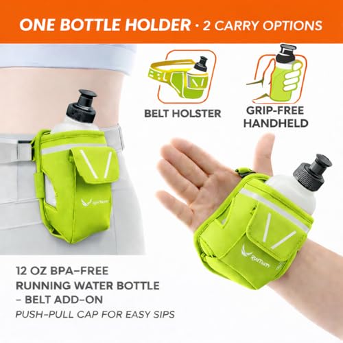 2-in-1 Running Fun: Handheld 12 Oz Water Bottle & Running Belt Add-On. No-Grip Design Straps on Hand & Slides on Belt. Waterproof Pocket for Money, Keys. Maximize Time, Freedom & Health - color: Electric Lime