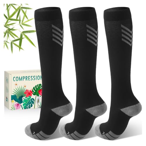 Bamboo Viscose Compression Socks 15-20 mmHg Knee High 3 Pairs Unisex - color: A04-3pair-black, size: Large-X-Large