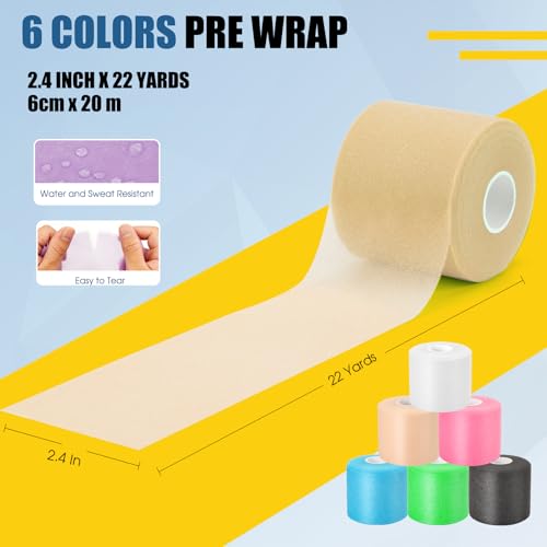 Pre Wrap Athletic Tape 6 Pack, 2.4 Inch x 22 Yards Foam Underwrap, White - color: White