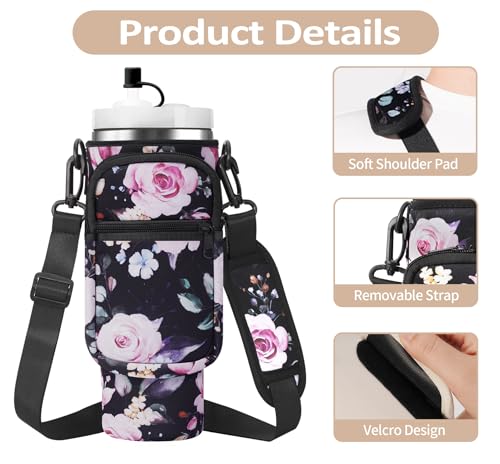 AceTreker Water Bottle Carrier Bag with Strap for Stanley 40/30 oz Tumbler Neoprene Insulated Cup Holder Sleeve with Phone Pocket & Straw Cover for Stanley Cup Accessories - color: 02-Black Flower, style: 40 Oz