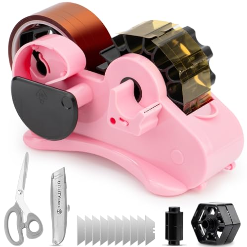 THINKLEARN Tape Dispenser with Scissors and Utility Knife, Light Pink - color: Light Pink