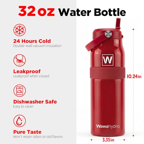 32 oz Insulated Water Bottle with Straw, Leakproof Stainless Steel Bottle with Handle, Non-Slip Silicone Sleeve, Internal Markings, Dishwasher Safe for Travel, Gym, Sports, Red - color: Red