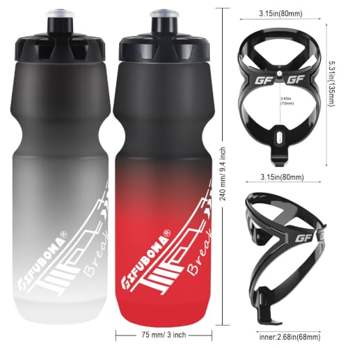 Bike Water Bottle 24oz Squeeze Leakproof Road Cycling Bottles with Cages - color: Black/White+Black/Red, size: 2‑Pack with Cages