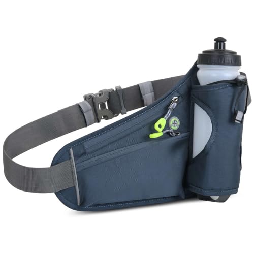 Water Bottle Waist Pack 2 Zippered Pockets – Reflective Running Belt for Hiking Cycling, Adjustable Breathable Mesh with Earphone Port(Grey) - color: Grey