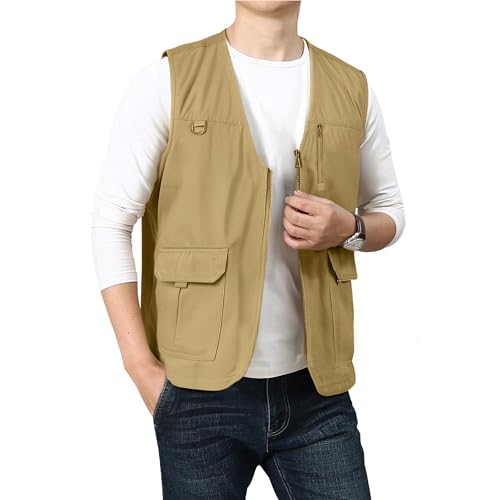 PRIJOUHE Mens Casual Cotton Vest Lightweight Outdoor Fishing Utility Vest - color: 04-khaki, size: Large