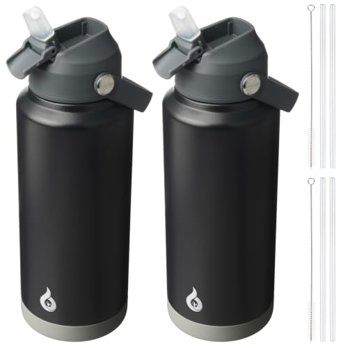 BJPKPK 2 Pack 32oz Insulated Water Bottles with Straw Lids, Stainless Steel - color: 2 X Black, size: 32 Ounces