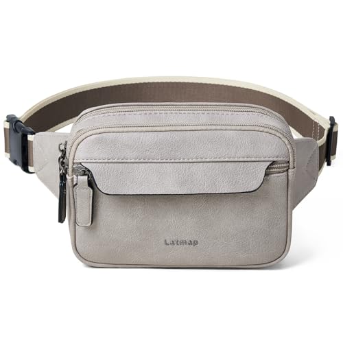 LATMAP 3L Fanny Packs for Women Cross Body Bag Leather Belt Bag Greyish - color: Light Grey