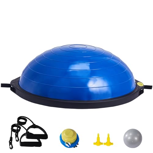 VEVOR Half Exercise Ball Trainer, 23/26 inch Balance Ball Trainer, 1500lbs Capacity Stability Ball, Yoga Ball with Resistance Bands & Foot Pump, Strength Fitness Ball for Home Gym Full Body Workout - color: 26" Ripple Blue